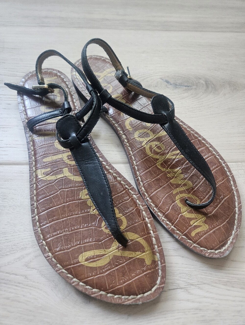 Sam Elderman Gigi Black Leather T-strap Women's Sandals